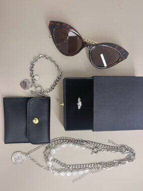 Silver Jewelry & Sunglasses Bundle | Pearl Necklace Pink Heart Ring